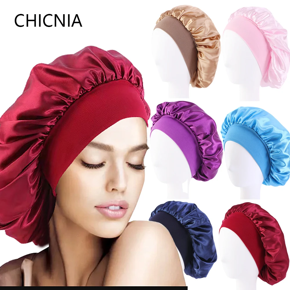 Newly Women's Satin Solid Sleeping Hat Night Hair Care Bonnet Nightcap For Women Men Unisex Cap long satin bonnet sleep cap silk sleeping cap with wide elastic band loose night hat for women braids curly hair natural hair