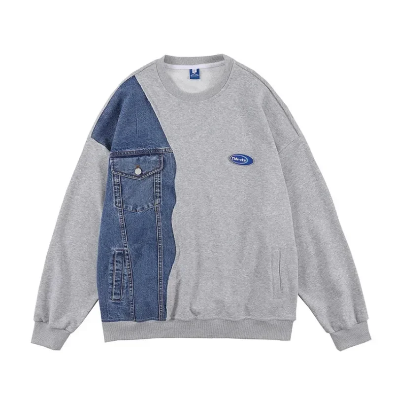 Clothes Men Jeans Patchwork Round Neck Sweatshirt Casual Cotton Vintage Y2k Men Pullover Pink Hoodies Designer Clothes