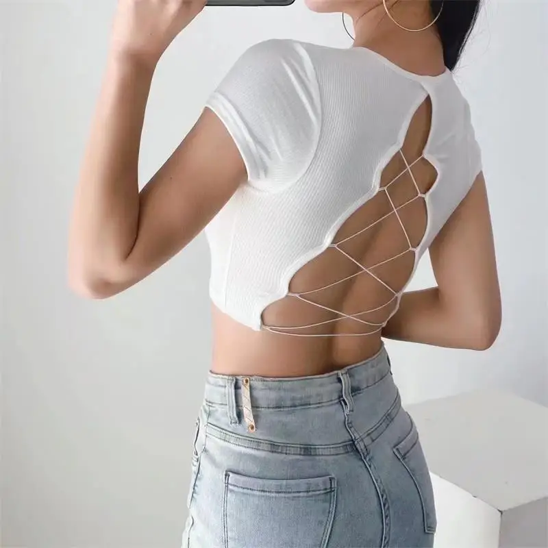 Women's O-neck Backless T-shirt Short Sleeve Solid Color Crop Top Summer Cute Baby Tee Y2K Clothes Skinny Tunics Fashion Tops