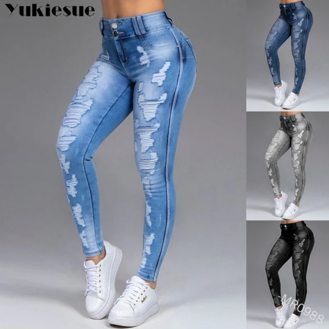 Pantalones vaqueros rasgados de cintura alta para mujer, jeans