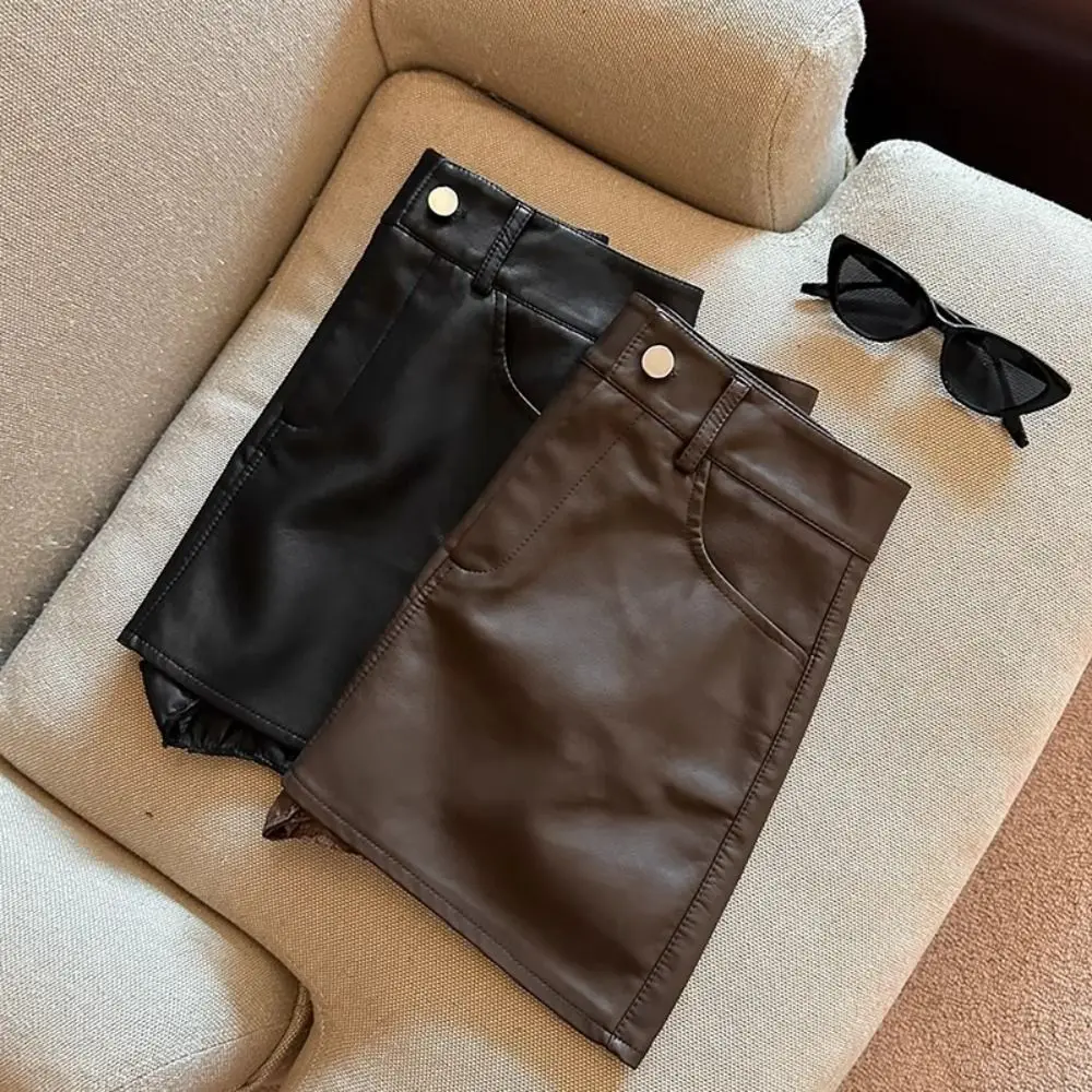 Korean Style Zipper PU Leather Skirt Solid Color Retro High Waist A-line Skirt Slim Fit Autumn Winter Short Mini Skirts Girls