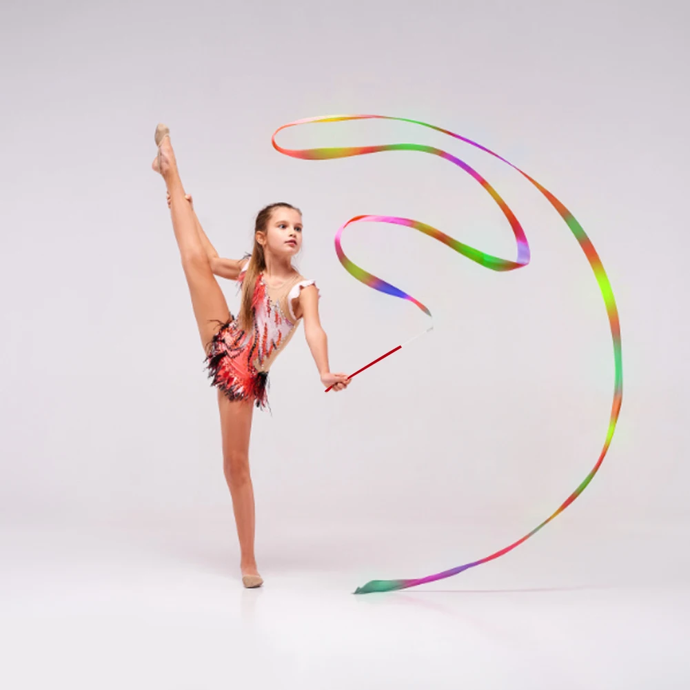 Dance Ribbons Rainbow Streamers Rhythmic Gymnastics Ribbon Baton Twirling  Wands on Sticks 2pc for Kids Artistic Dancing