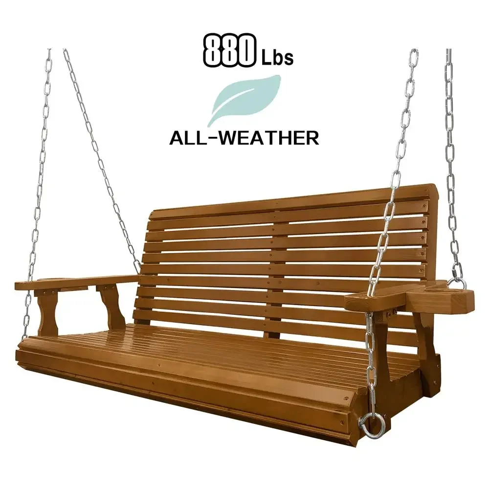 Wooden Porch Swing 2-Seater Heavy Duty 880 LBS Cupholders Outdoor Patio Garden Comfort Adjustable Springs Chains Assembly 4