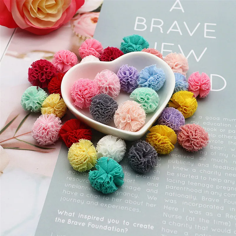 20mm Net Yarn Elastic Flower Ball DIY Lace Craft Tennis Pompom Pendant Hairpin Jewelry Decoration Making Accessories 50-100pcs