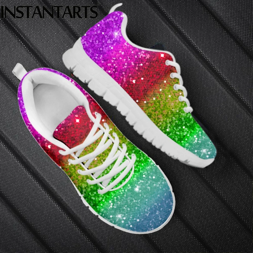 Cool Rainbow Glitter Texture Printed Girls Flat Shoes Breathable Slip-on Mesh Sneakers Outdoor Lace Up Scarpe Donna
