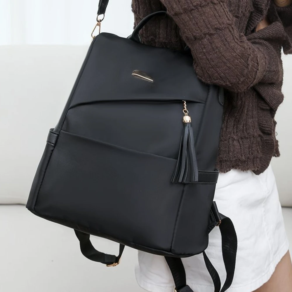 Fashion Women’s Nylon Anti-theft Backpack Tassel Decorative Casual Travel Female Shoulder Bag Large Capacity Student School Pack