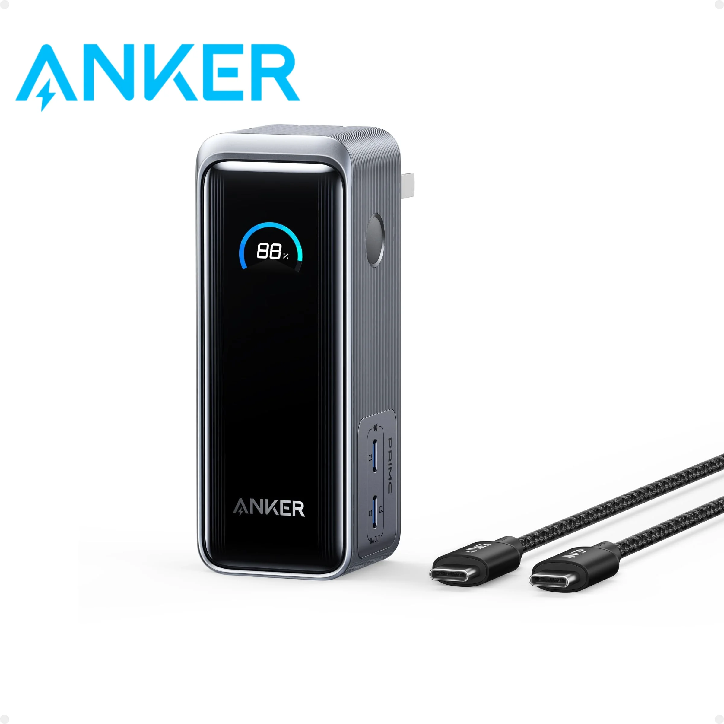 Anker Prime Power Bank, חבילת סוללות בנפח 9,600mAh עם יציאה של 65W, עם מתאם AC מובנה, תומך ב-PD 3.0 ו-PPS, טעינה מהירה של 30W