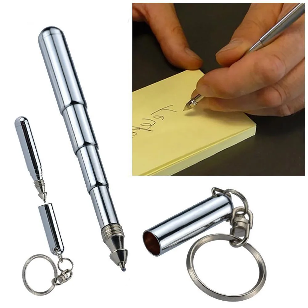 Portable Key Ring Ballpoint Pens Keychain Stainless Steel Telescopic Pen Keyring Telescoping Pen Tool Pendant Decor Gift