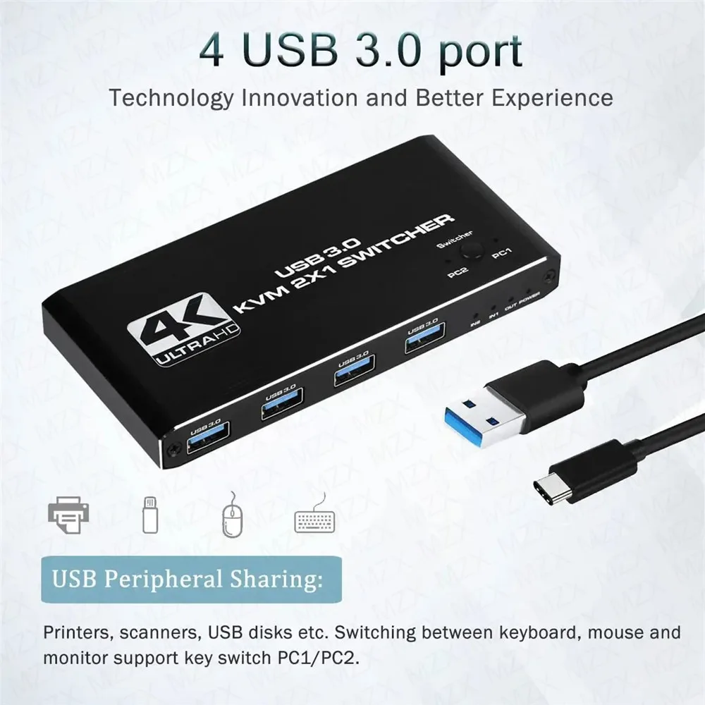 MZX KVM 스위치, HDMI 호환 USB 3.0 허브 도킹 스테이션, 도크 2 컴퓨터 PC 공유, 4 USB 장치, 키보드 마우스 프린터, 4K 60Hz