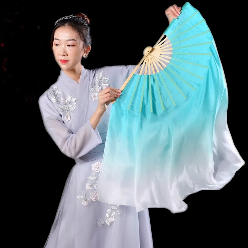Real Silk Veil 2 Layers Double Fan Pair Yangko Folk Dance Props Half Circle Flowy Round Shape Mint Hand Paint Chinese National