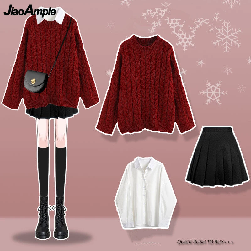 Women's Autumn Winter Lucky Red Sweater Shirt Pleated Mini Skirts 1 or 3 PCS Set Korean Lady Casaul Joker Knit Tops Skirt Outfit