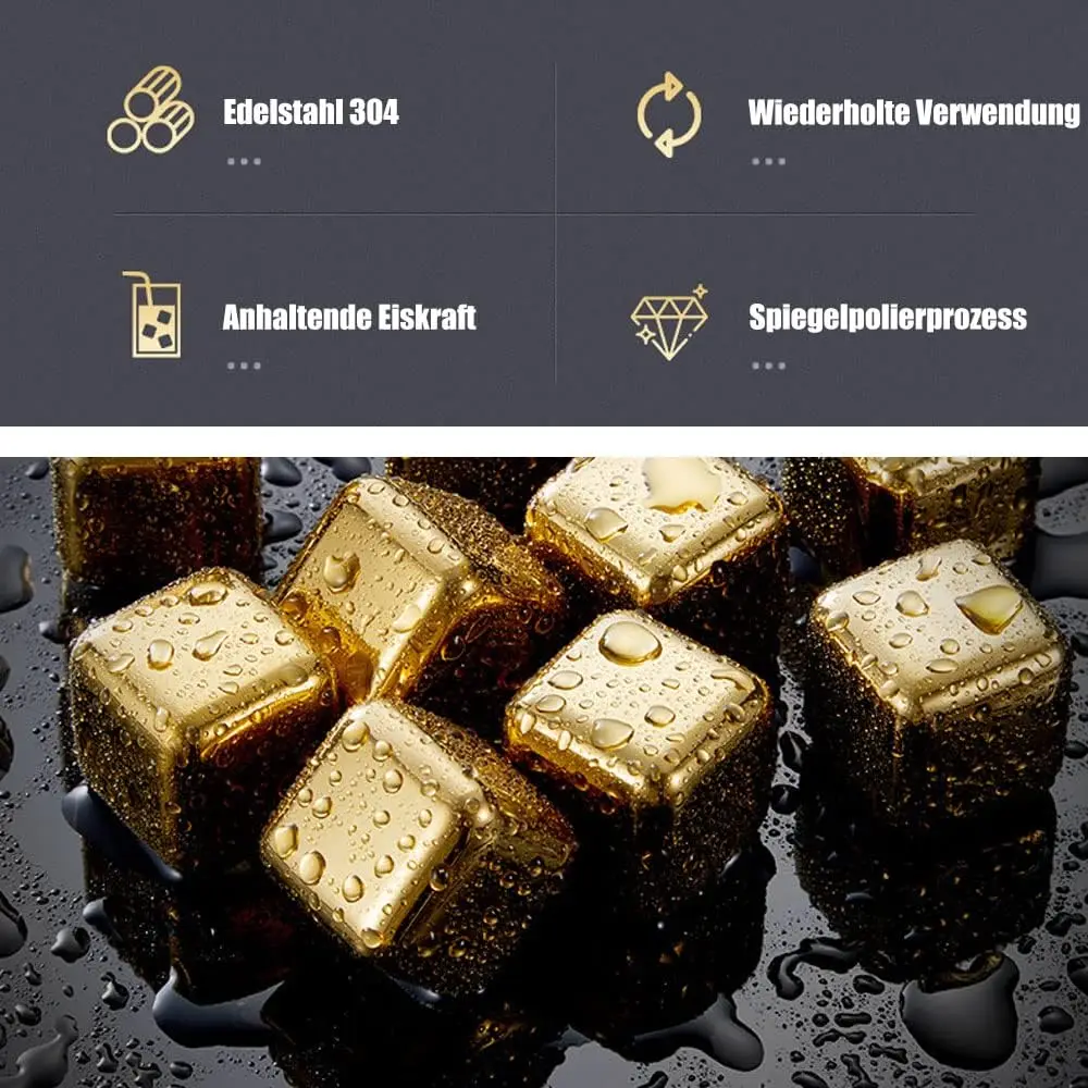 Whiskey Ice Cubes Set Silicone Head Tongs and Ice Cube Trays  304 Stainless Steel Ice Cubes Reusable Gold and Siver