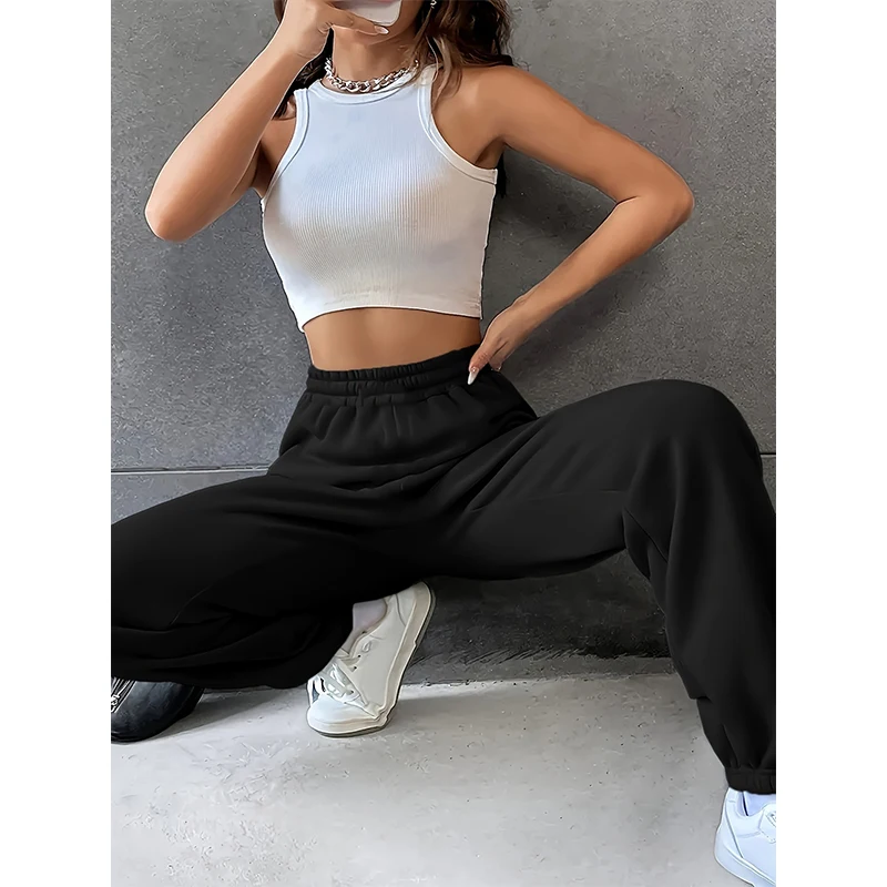 Women's Fashion Pants Casual Loose Sweatpants Drawstring Pants Solid Colour Elastic Waist Female Pants New Street Wear - 3