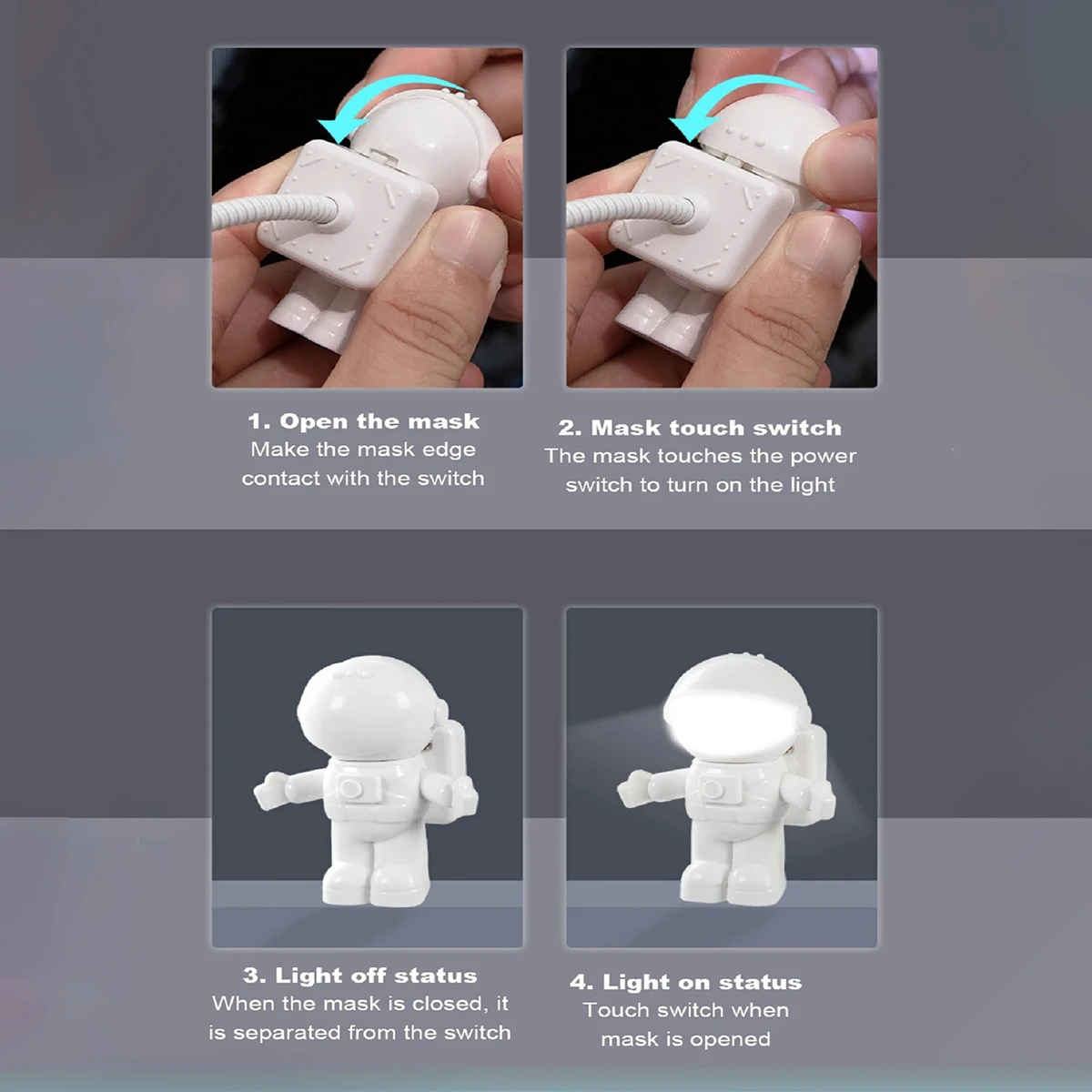 휴대용 우주 비행사 램프, USB 소형 침대 옆 램프, 스위치 LED 컴퓨터 조명, 어린이 선물 LED 학생 책 램프, 야간 조명