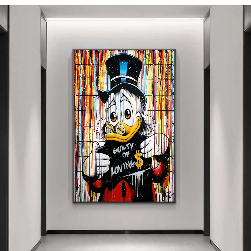 ドナルドダック アート作品 ドニードナルドダックのキャンバス絵画,たくさんのコインのお金