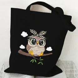 Cartoon Owl Hand-painted Print Women Handbag Fashion Tote Bag High-capacity Reusable Shopping Bag Kawaii Animal Lady Canvas Bag