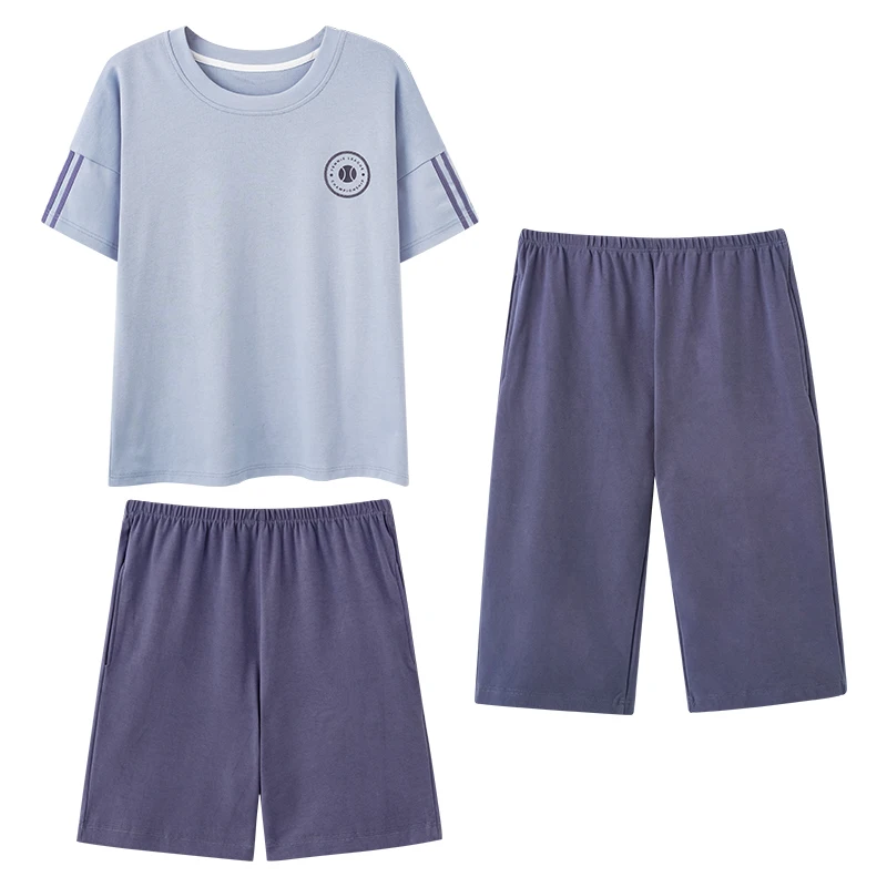 

Комплект из 3 предметов, женская летняя одежда для сна из 100% хлопка, короткий топ + короткие брюки + брюки до щиколотки, домашняя одежда для отдыха