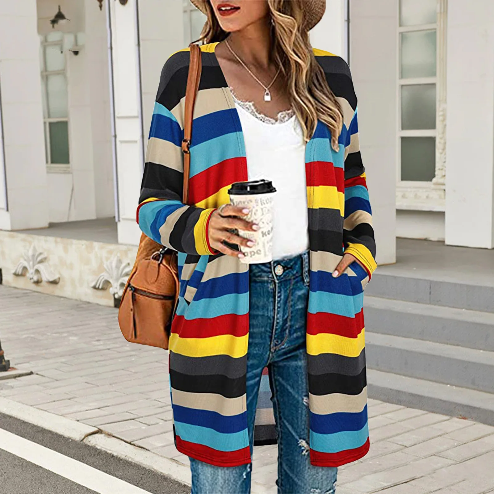 Retro American Loose Striped Spliced Rainbow Cardigan Two Pockets Design  Long Sleeve Temperament Long Clothes Ladies Autumn 3xl - Cardigan -  AliExpress