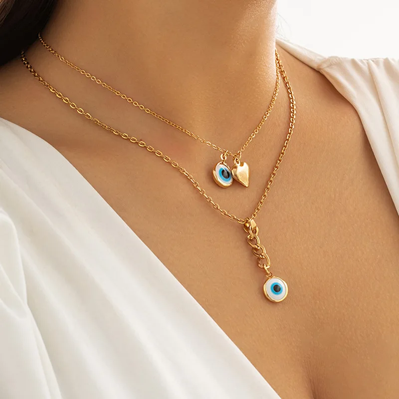 

Heart-shaped pendant tassel double necklace thin chain geometric ornaments