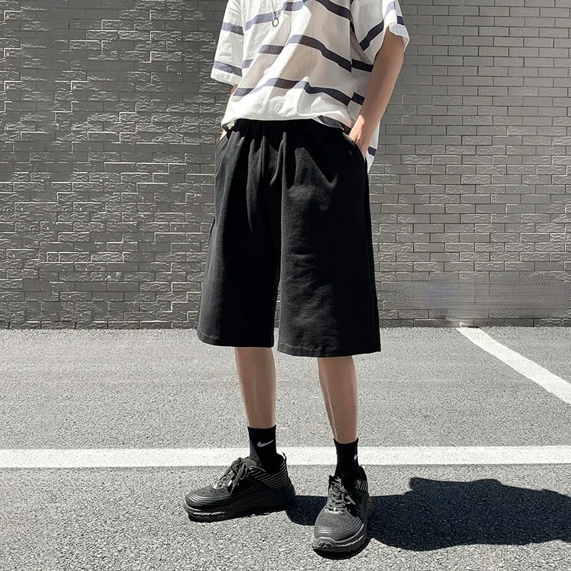 Summer New Y2K Solid Color Cotton Loose Men's Sports Pants Shorts Street Wear Simple Drawstring Straight Casual Shorts Male 3