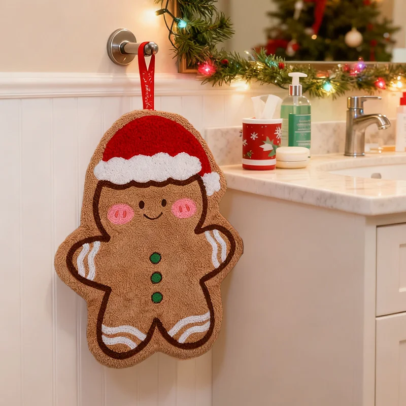 Christmas Hand Towel Cartoon Gingerbread Man Snowman Coral Fleece Towel Christmas Home Kitchen Bathroom Decoration Xmas Gifts