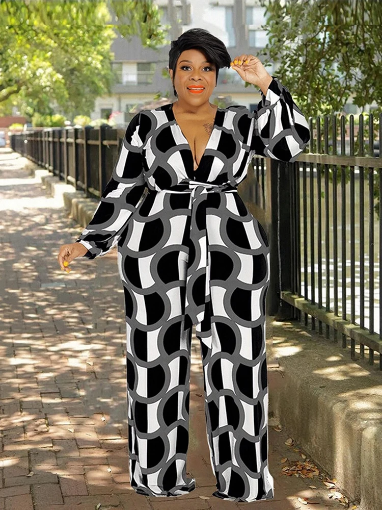 

Jumpsuit Women Elegance Long Sleeve One Piece Wild Print Wide and Loose Pants Plus Size Jumpsuit Wholesale Bulk Dropshipping