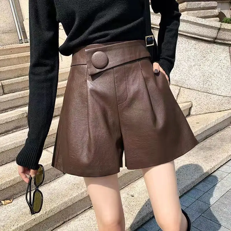 

2023 Women's Autumn Winter New PU Leather Shorts Female Pocket Casual Wide Leg Shorts Ladies Solid Color Loose Shorts U529