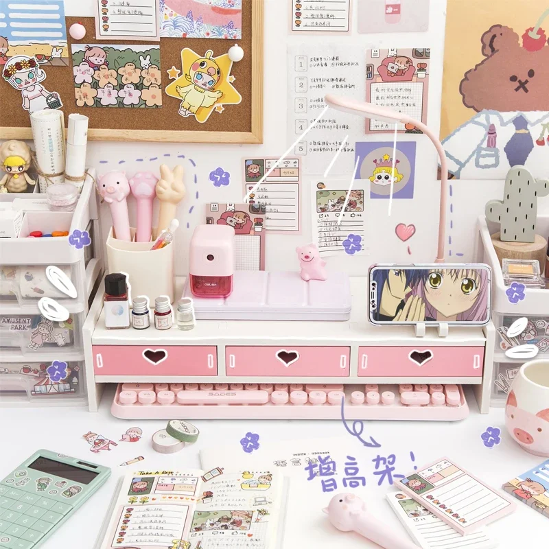 

Racks Home Pink Heart Sundry Stationery Monitor Dormitory Girl Heightening Shelf Organizer Ins Computer Desktop Storage Office