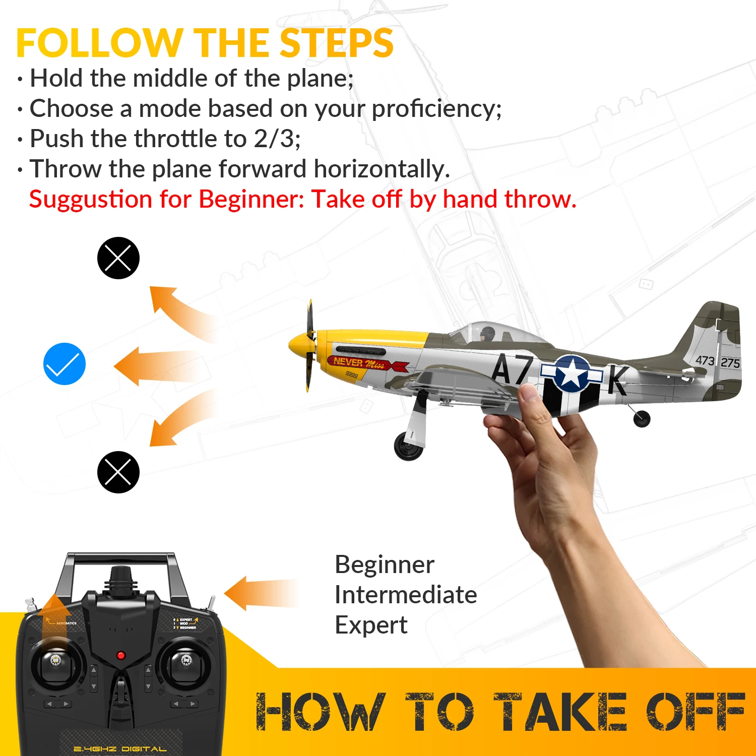 New Volantex 500mm P51 Mustang RC Plane 2.4G 4CH RC Fighter One Key Aerobatic RTF Aircraft Glider With Brushless Motor 5