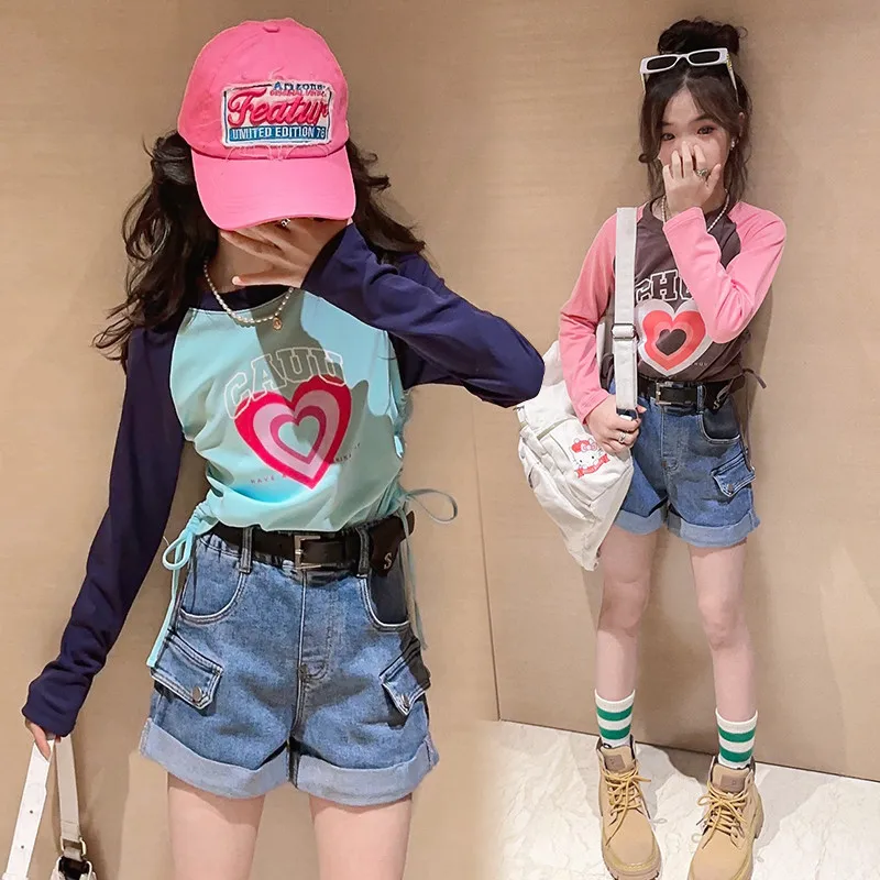 

teenages Girls t Shirt 2023 Spring Korean Girl Clothes Long Sleeve Print Short Tee Shirts 8 10 12 years kids top