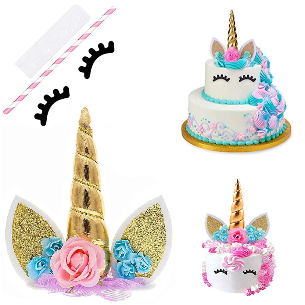 Einhorn-Kuchenaufsatz mit Wimpern Regenbogen-Einhorn Geburtstagstorten-Dekoration Mädchen-Einhorn-Party Kinder 1. Geburtstag Partyzubehör – Detail 7