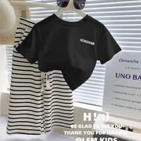 1-8 Years Summer Girls Clothing Set Comfortable Letter T-shirt+Stripe Loose Fitting Pants 2Pcs Suit For Kids Children Outfit