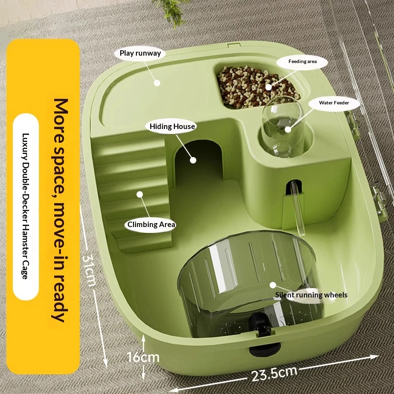 Villa per criceti in acrilico a vista completa, gabbia multifunzione con area per l'alimentazione, distributore d'acqua e nascondiglio per animali domestici, gerbilli e topi - immagine 5