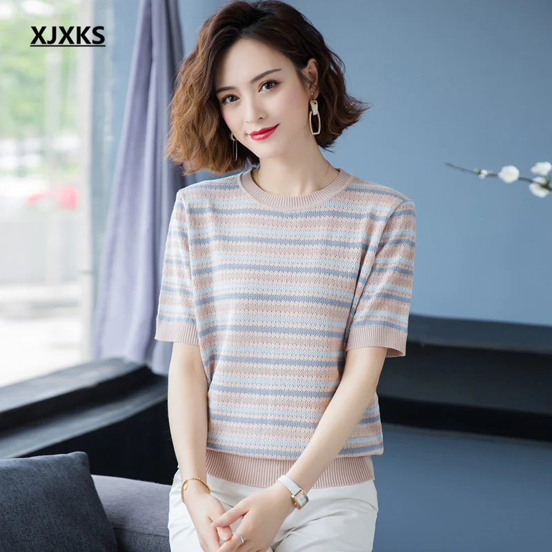 

XJXKS Fashion Striped Round Neck Short-sleeved Top 2022 Summer New High-end Wool Thin Section Knitted Female T-shirt