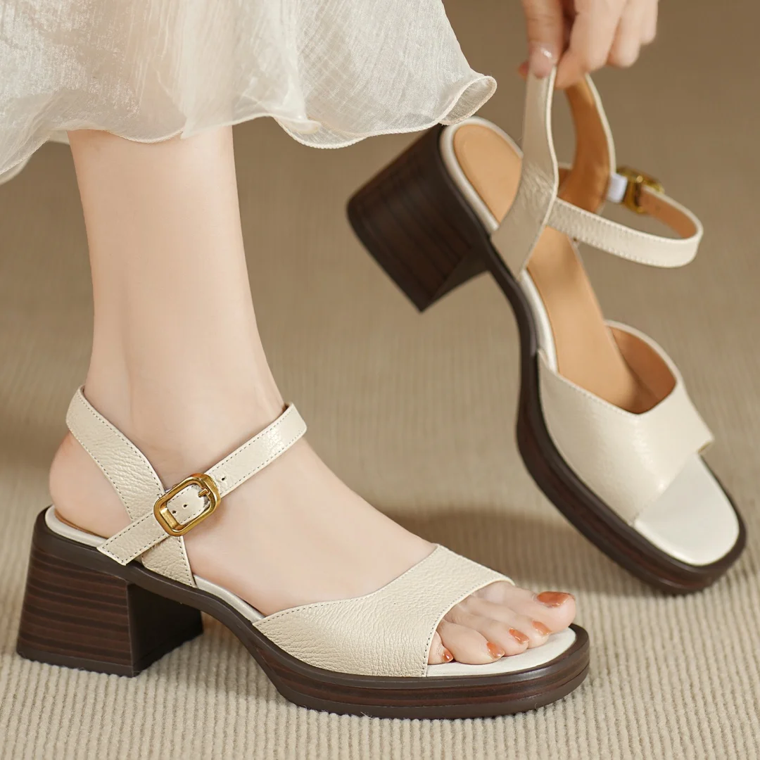 Women's genuine leather ankle strap open toe sandals 6cm chunky heel platform female summer pumps heeled OL style daily shoes