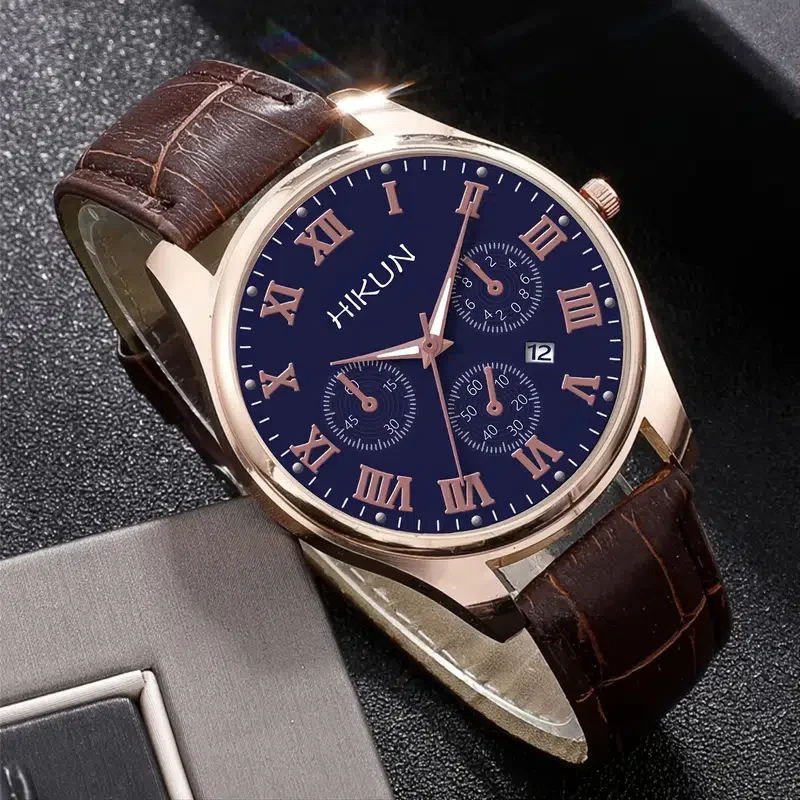Blu-ray Glass Men's Personality Belt Sports Leisure Calendar Watch Set(1 Watch+1 Bracelet)