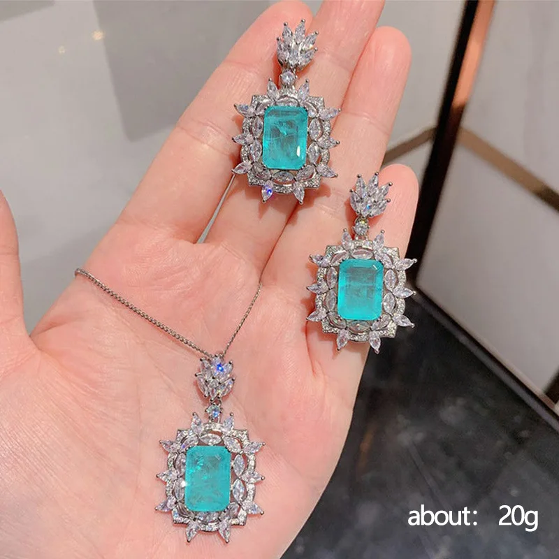 

2023 Women Luxury Retro Shining Colorful Treasure Pendant Blue Green Zircon Necklace Earring Set