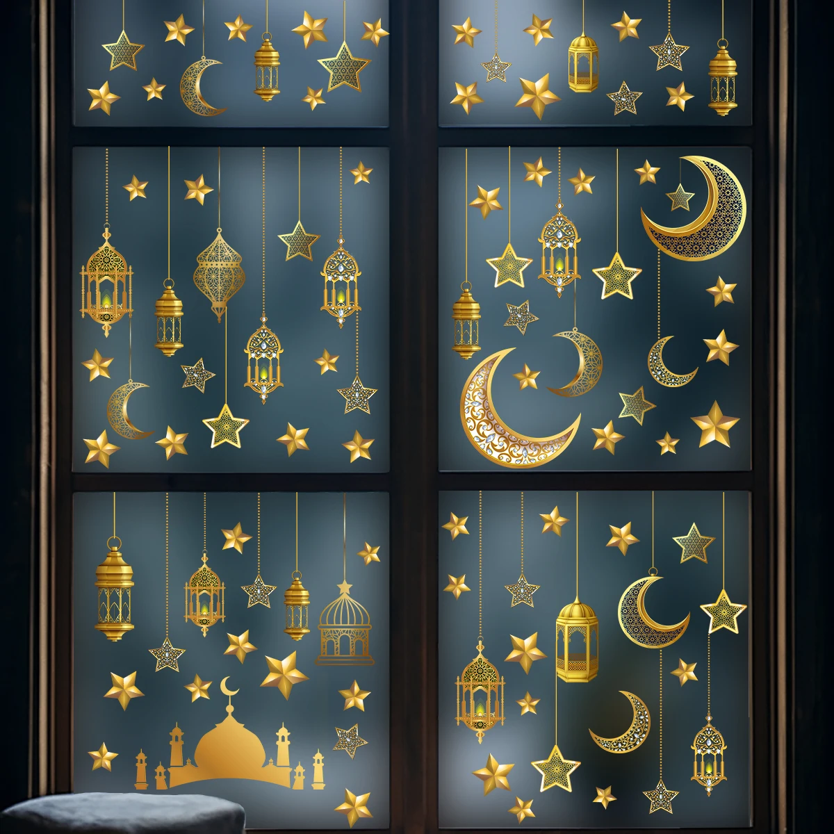 5 Stück/Set Stern-Mond-Lampe, doppelseitig bedruckte, kleberfreie Wandaufkleber, elektrostatische Glasfolie für Schaufensterdekorationen – Detail 12