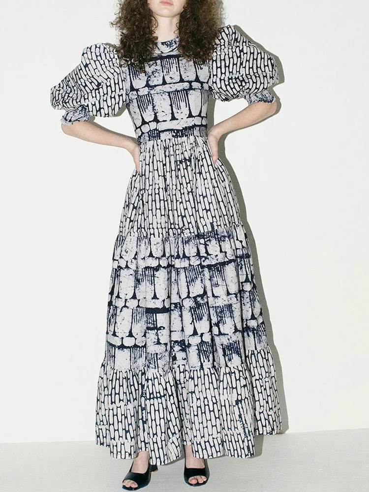

Vintage geometric print puffed sleeve round neck high-waisted dress women's new summer fashion loose big swing pommel dress