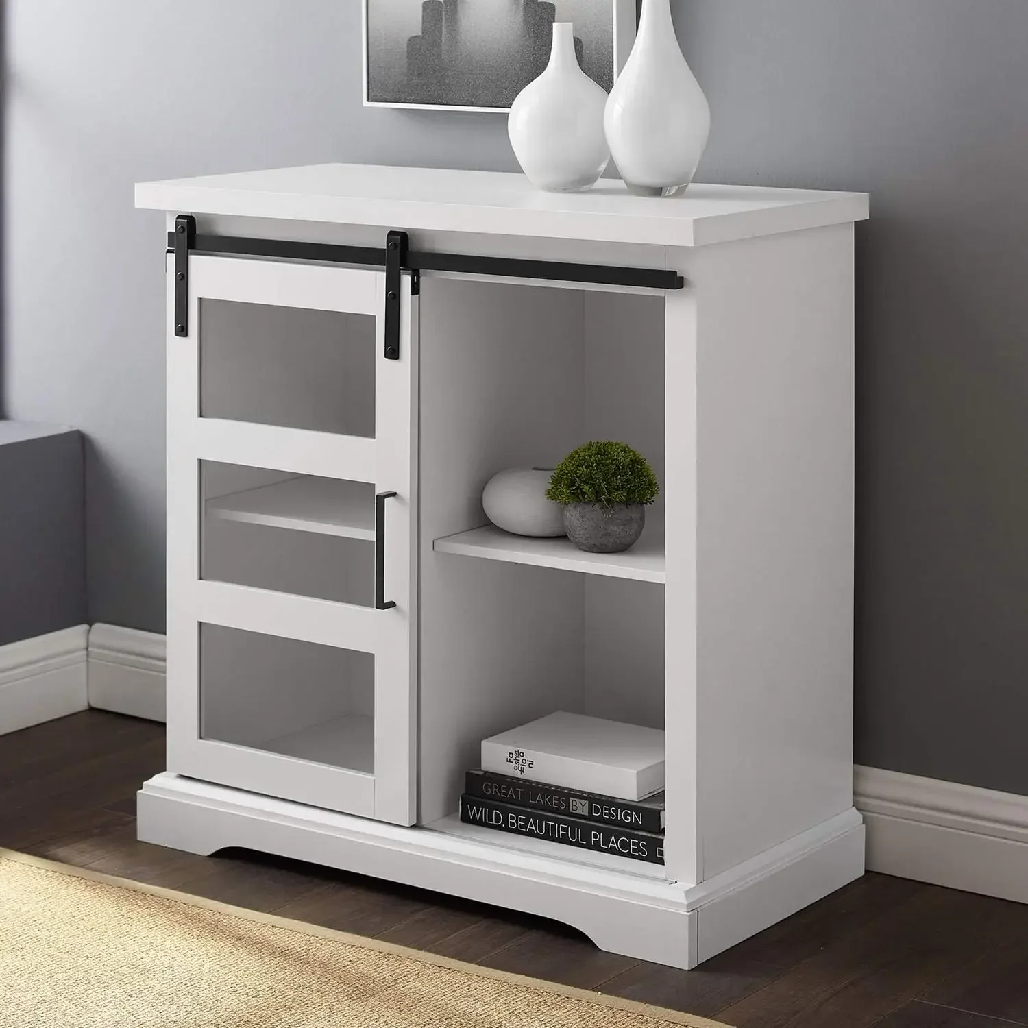 

Weston Modern Farmhouse Sliding Glass Door Storage Console, 32 Inch, White