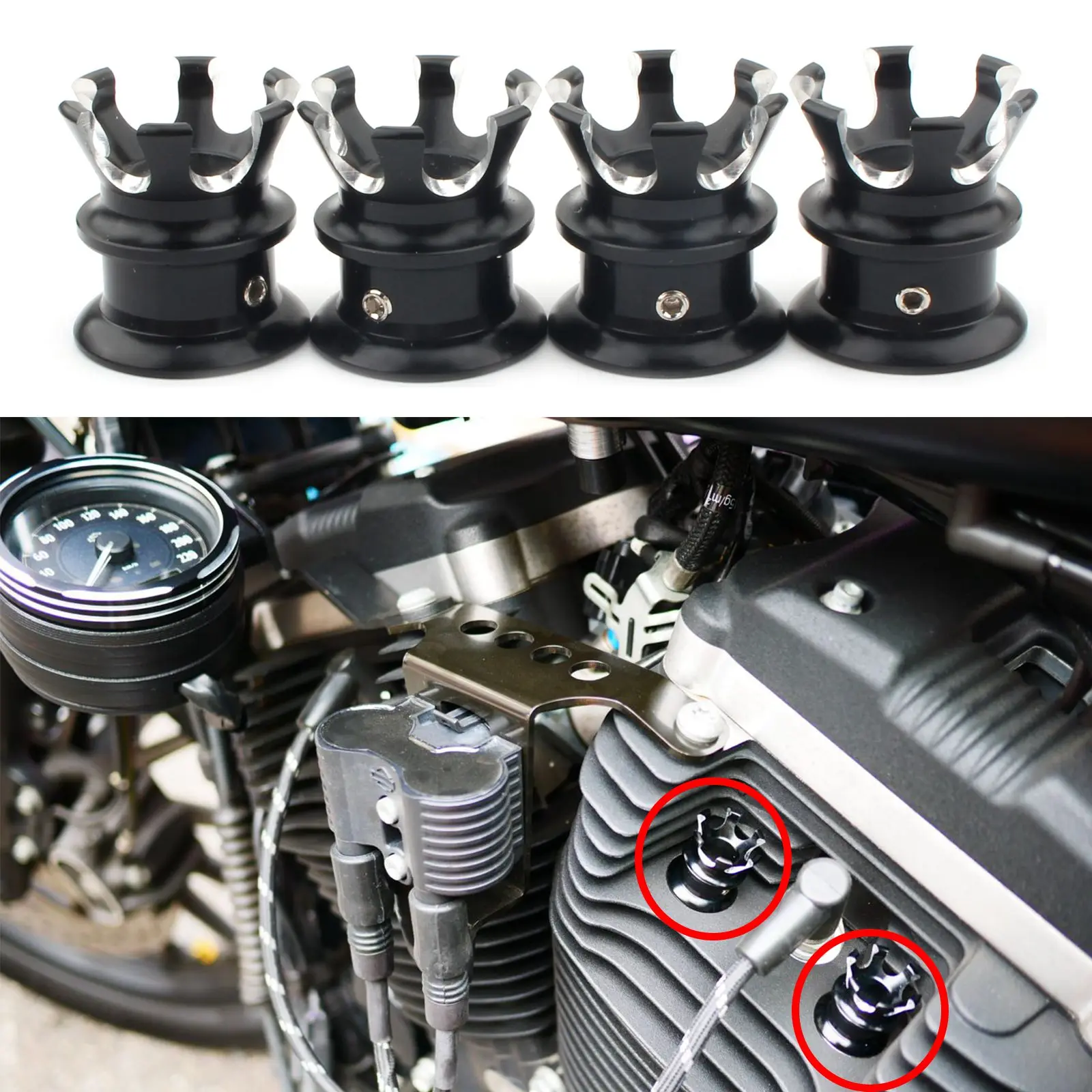 

4pcs Motorcycle Head Bolt Topper Crown Cap Motocross Engine Cover Trim For Harley Softail Dyna Sportster XL883 1200 Cam Touring