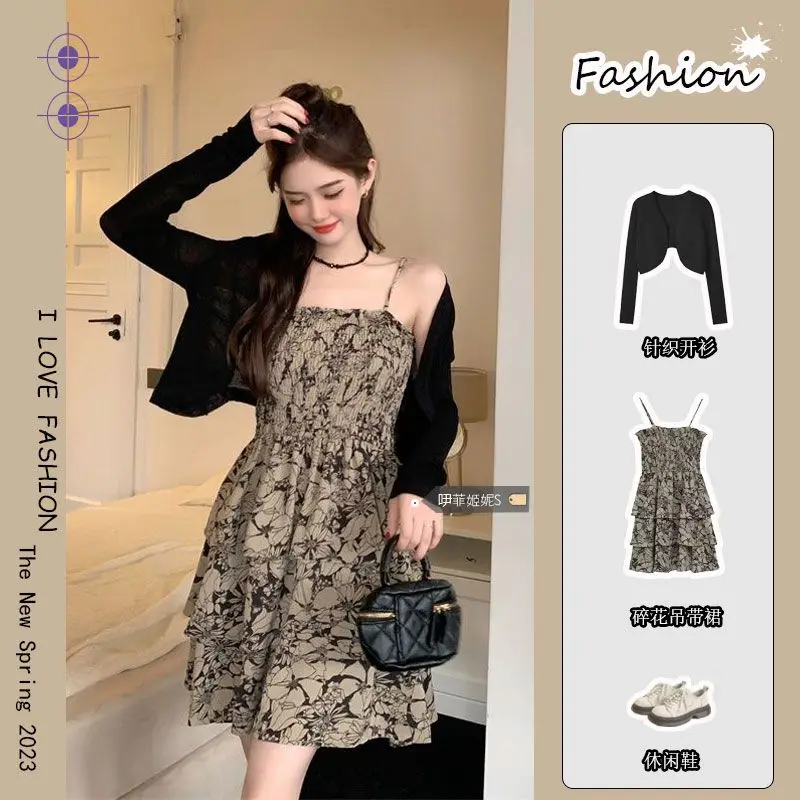 two piece suit Floral Mini Skirt Female Summer Sexy Dress Korean Women's Retro Casual Beach Elegant New Slim Vestidos 2023