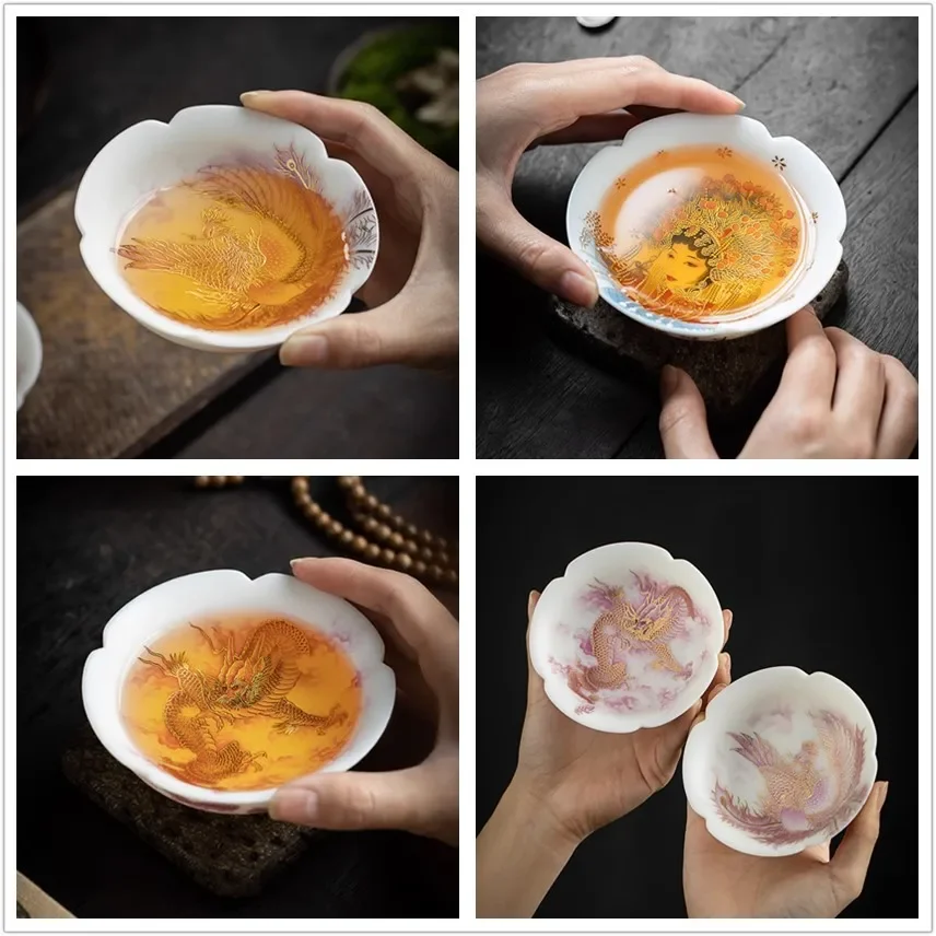 Porcelain Tea Bowl Dragon and Phoenix High Grade Teacup Sheep Fat Jade White Cup Paint in Gold Master Pu'er Teaware Tea Cup