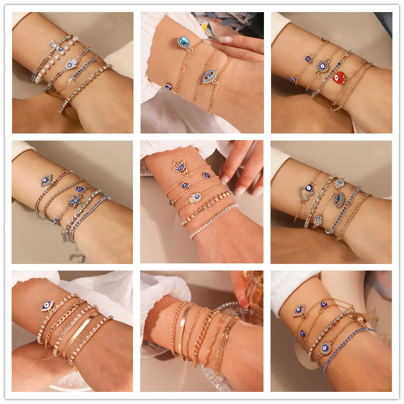 Aihua Bohemian Kristall türkisch glücklich blau Auge Armband Armreif für Frauen Gold Farbe Kette Armband Set Vintage Boho Schmuck Geschenke