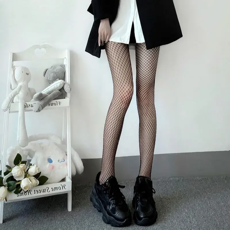 Sexy Women High Waist Stocking Fishnet Club Tights Knitting Net Pantyhose Mesh Anime Lolita JK Cosplay Costume Black Medium Grid