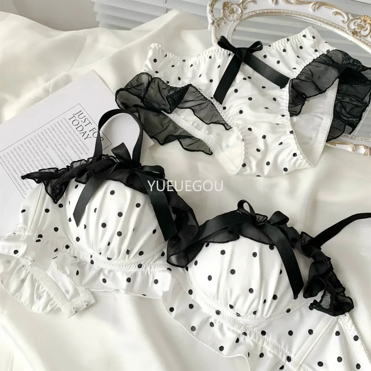 Süßes Polka Dot Spitzen Bh Und Slip Set Push Up Für Damen_voghion.com