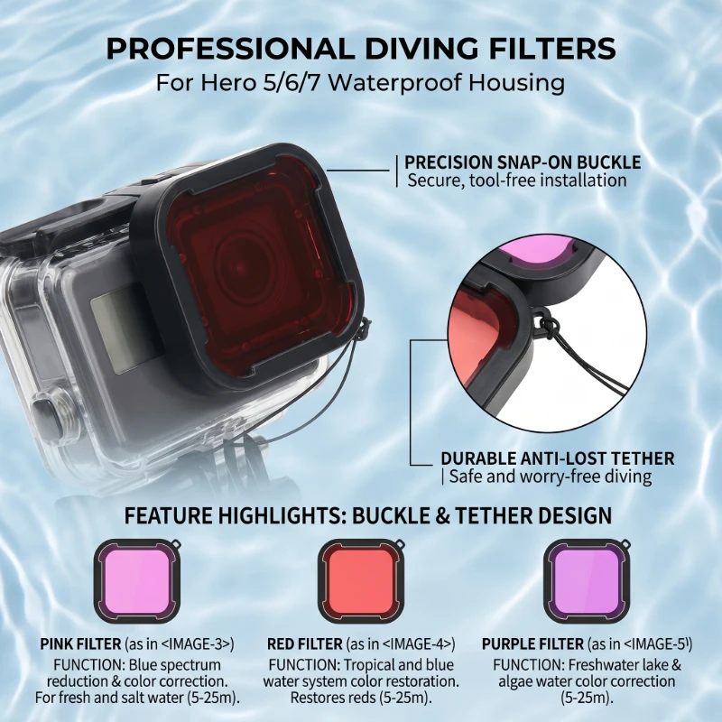 GoPro Hero 5 6 7 레드 퍼플 핑크 다이빙 필터 렌즈 캡 3색 액션 카메라 다이빙 보호 액세서리에 적용 가능