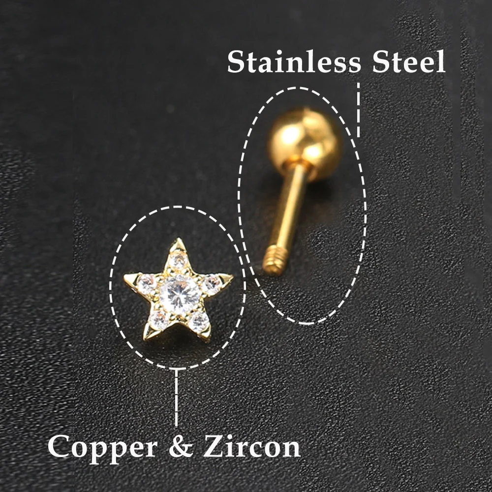 JeryWe Set Da 34 Pezzi Orecchini In Acciaio Chirurgico 20G: Cuori, Stelle, Flatback Per Piercing (cartilagine, Tragus, Helix)