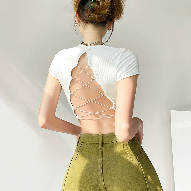 Women's O-neck Backless T-shirt Short Sleeve Solid Color Crop Top Summer Cute Baby Tee Y2K Clothes Skinny Tunics Fashion Tops