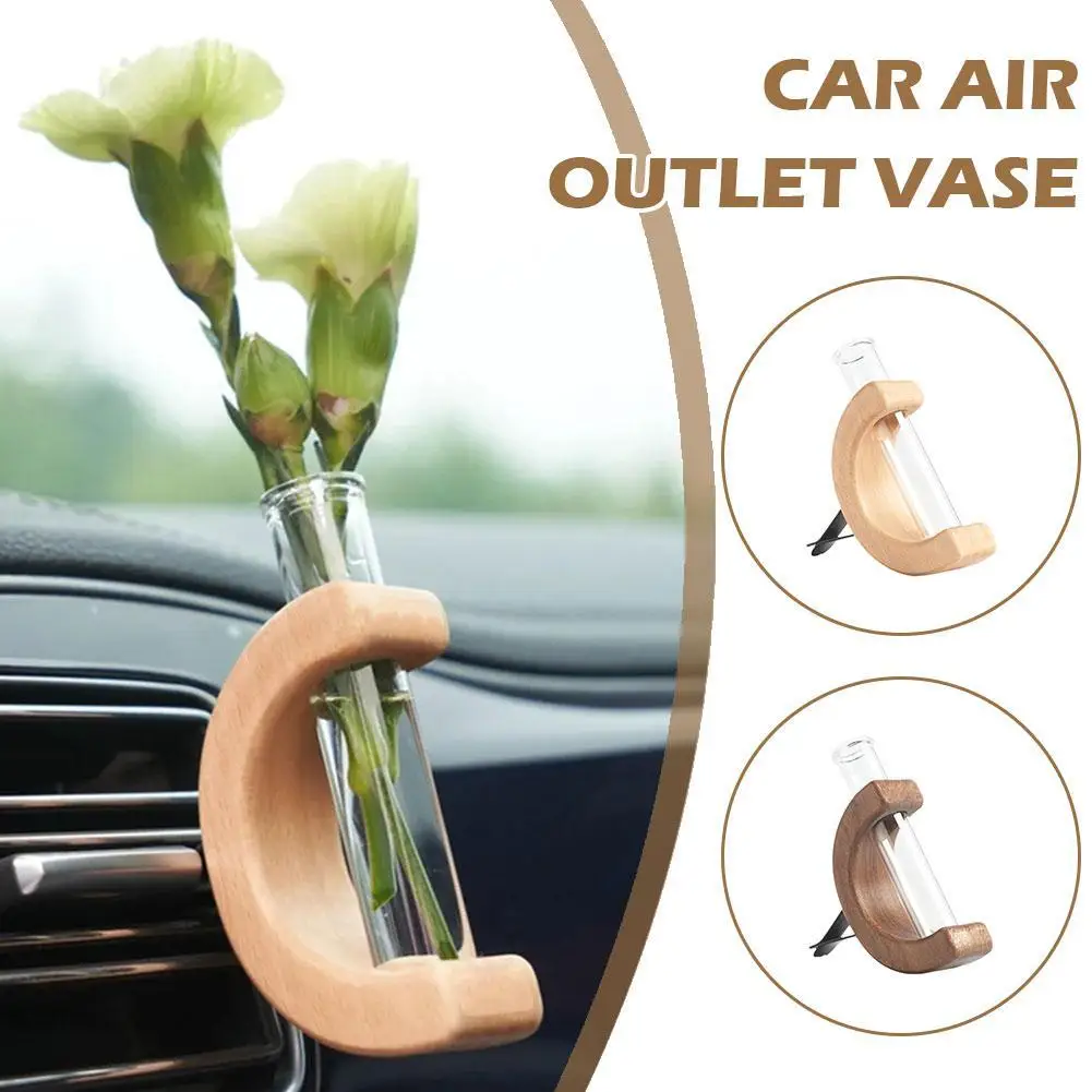 

Wooden Glass Car Flower Vase Small Car Vase Vent Clip for Air Vent Charm Auto Interior Wood Ornament Fragrance Decor